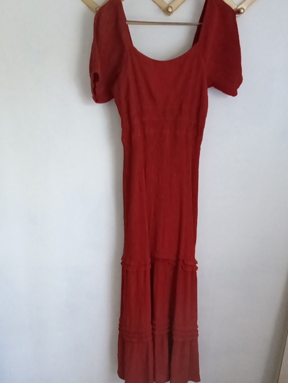 Women's Rust Red Puff Sleeve Peasant Maxi Dress